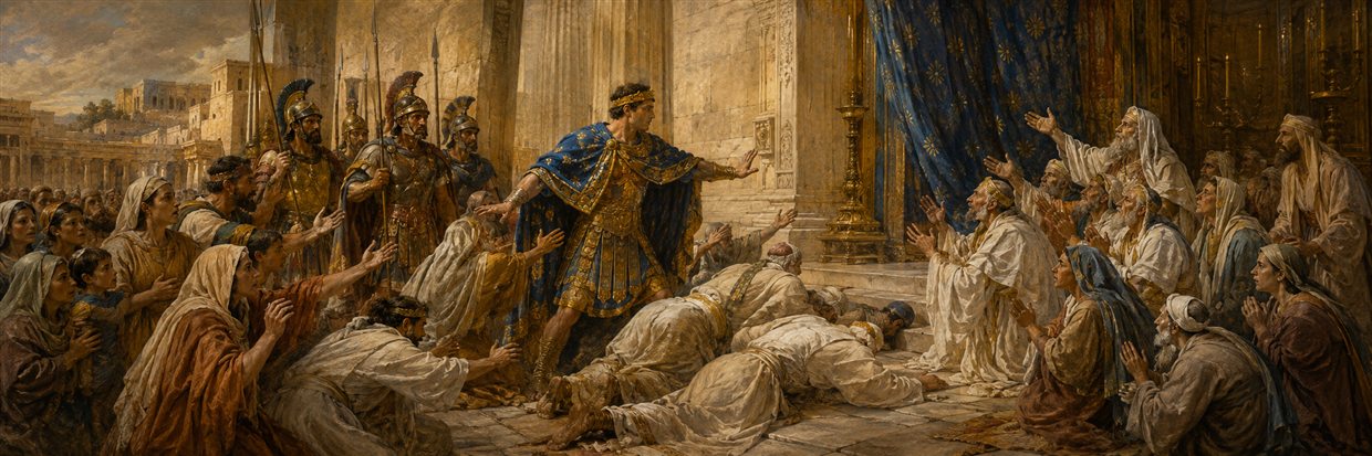 Ptolemy approaches the sanctuary as priests, elders, families, and royal officers unite in prayer